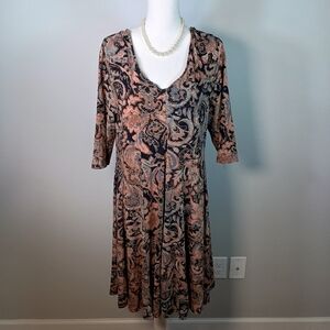 Peruvian Connection XL Boho Paisley 3/4 Sleeve Fit & Flare V-Neck Midi Dress